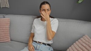woman sitting on the couch smelling something bad from her furnace